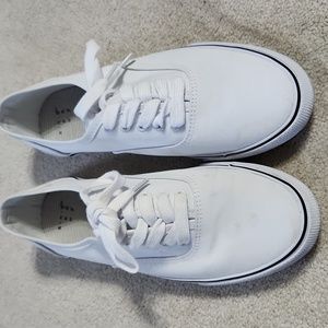 Canvas White Tie Sneaker with Blue Stripe- size 7